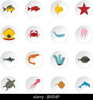 Sea animals icons set in flat style Stock Vector
