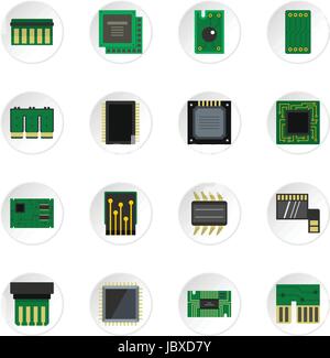 Computer chips icons set in flat style Stock Vector