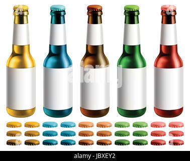 Digital illustration of five different colored beer bottles with blank labels. Extra optional caps are included. Stock Photo