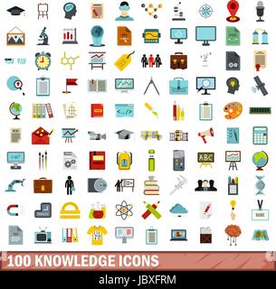 100 knowledge icons set, flat style Stock Vector