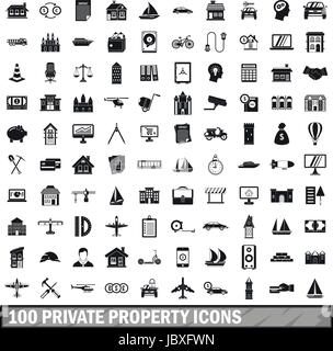 100 private property icons set, simple style  Stock Vector