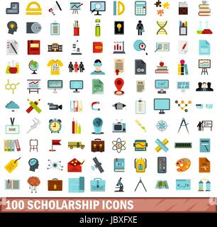 100 scholarship icons set, flat style Stock Vector