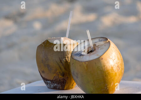 Coconut drink with fresh coconuts with a drinking straw. Stock Photo
