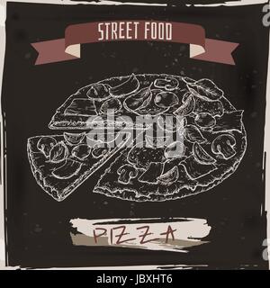 Pizza sketch on black grunge background. Stock Vector