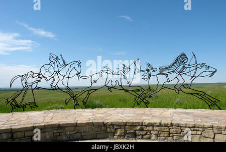 Bronze tracing sculptures of warriors, Indian Memorial, Little Bighorn Battlefield National Monument, Crow Agency, Montana, USA. Stock Photo