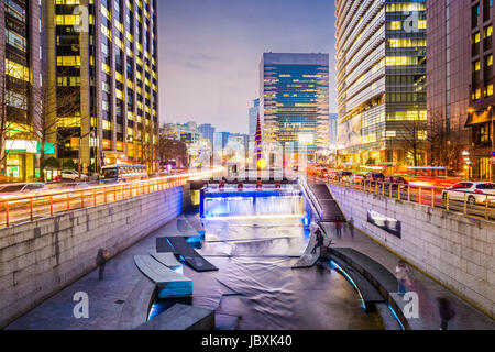 Seoul, South Korea cityscape at Cheonggye Stream. Stock Photo