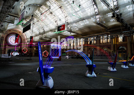 A general view of the Drone Racing League custom drones, the Racer3, in action at Alexandra Palace for the World Championship during the Drone Racing League Photocall at Alexandra Palace, London.