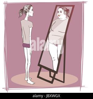 Young woman suffering from anorexia looking in the mirror Stock Vector