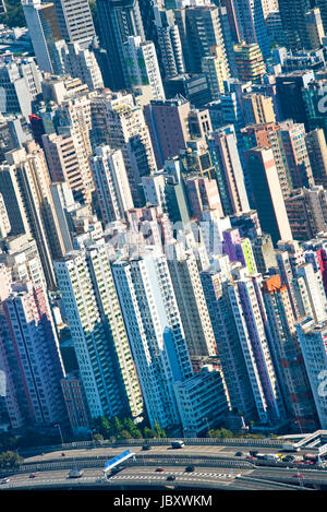 Vertical view of the many tower block apartments in Hong Kong, China. Stock Photo