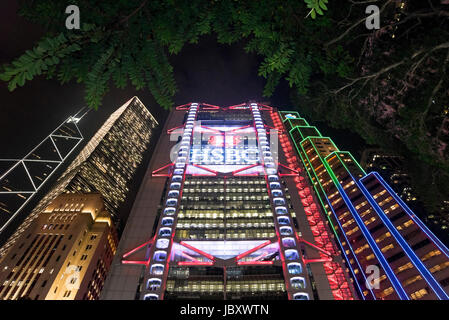 Horizontal view of iconic skyscrapers illuminated at night in Hong Kong, China. Stock Photo