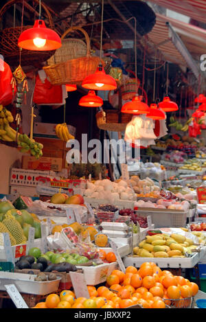 Vertical view of a traditional chinese fruit and vegetable street market in Hong Kong. Stock Photo