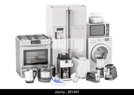 Set of kitchen home appliances. Toaster, washing machine, fridge, iron, gas stove, kettle, mixer, blender, yogurt maker, multicooker, microwave oven,  Stock Photo