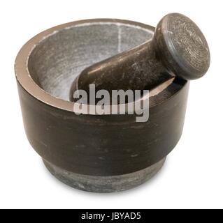 Kitchen Utensil, Black Granite Stone Mortar and Pestle Used for Crushing and Grinding. Stock Photo