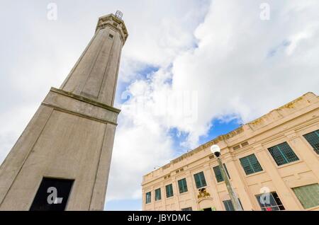 The Lighthouse at the entrance of the Administration Building on Alcatraz island prison, now a museum in San Francisco, California, USA. Stock Photo