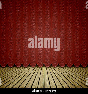 A wooden stage with a red curtain background Stock Photo