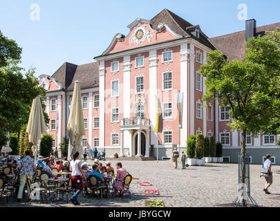 MEERSBURG, GERMANY - JUNE 19: Tourists at the new castle of Meersburg, Germany on June 19, 2014. The new castle (Neues Schloss) was built in the 18th century. Foto taken from Schlossplatz with view to the castle. Stock Photo
