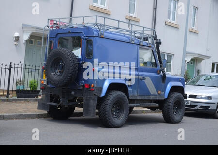 9th June 2017 - Weekend warrior - Land Rover Defender modified for serious off road work at the pub Stock Photo