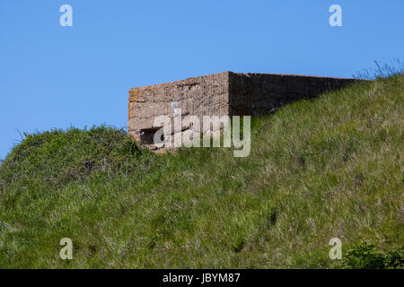 A panoramic view showing World War II defences at the estuary in Cuckmere Haven, situated in the Seven Sisters Country Park in East Sussex, UK. Stock Photo