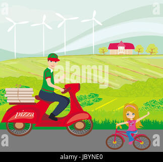 pizza delivery man on a motorcycle and sweet little girl on bike Stock Photo