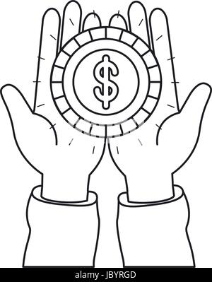 silhouette front view of hands holding in palms a coin with dollar symbol Stock Vector