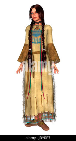 3D digital render of a beautiful native American young woman in a traditional clothing isolated on white background Stock Photo
