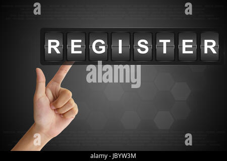 hand clicking product register on Flip Board Display Stock Photo