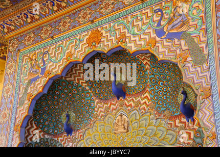 Close up of Peacock Gate in Pitam Niwas Chowk, Jaipur City Palace, Rajasthan, India. Palace was the seat of the Maharaja of Jaipur, the head of the Ka Stock Photo