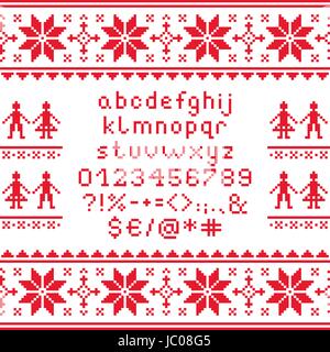 Cross stitch lowercase alphabet with numbers and symbols pattern, embroidery design Stock Vector