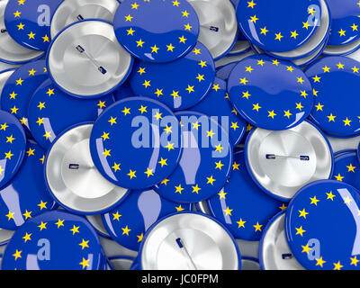 View from above on pile of button badges with flag of European Union. Realistic 3d render Stock Photo