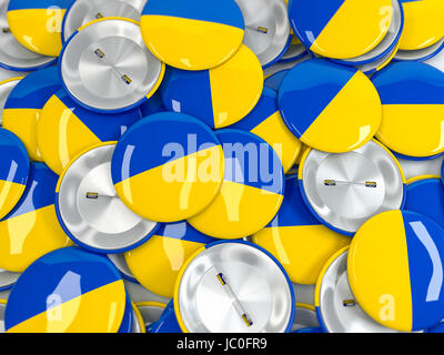 Background with pile of button badges with flag of Ukraine. Realistic 3d render Stock Photo