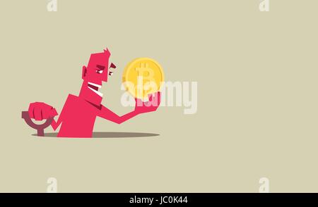 Cartoon man standing in the hole and holding a bitcoin in the hand. Stock Vector