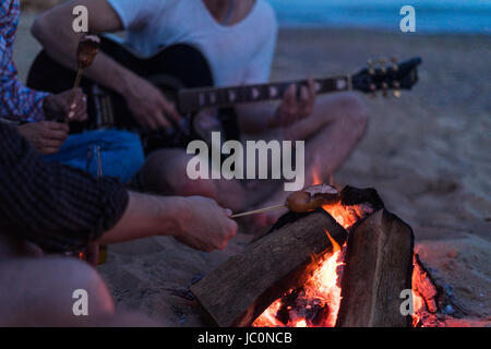 friends sitting on the beach. man is playing guitar. Stock Photo