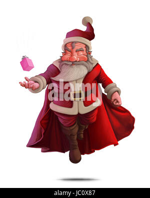 Santa Claus super hero with red cape and the gift box Stock Photo