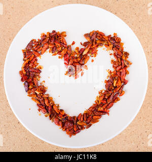 Hot love concept, red chili peppers on plate arranged in heart shape. Stock Photo