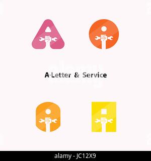 A-letters and human hand icon with wrench vector logo design template. Service tool icon.Maintenance and Technical support concept.Vector illustration Stock Vector