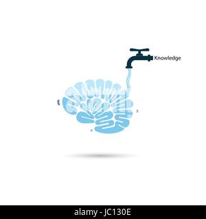 Brains icon and water tap symbol with Knowledge filling concept.Thinking process brain and quick learning concept.Vector illustration. Stock Vector