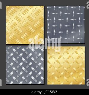 Seamless Diamond Metal Background Set With Tread Plate. Gold, Chrome, Silver, Steel, Aluminum. Vector Pattern Stock Vector