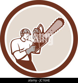 Illustration of lumberjack arborist tree surgeon holding a chainsaw set inside a circle on isolated white background.