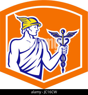 Illustration of Roman god Mercury patron god of financial gain, commerce, communication and travelers wearing winged hat and holding caduceus a herald's staff with two entwined snakes looking to side set inside crest shield done in retro style. Stock Photo