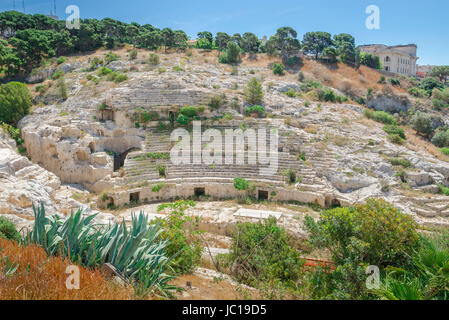 Cagliari Sardinia, ruins of the ancient Roman amphitheatre - the anfiteatro romano - in the Stampace area of Cagliari, Sardinia. Stock Photo