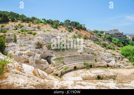 Roman amphitheatre, ruins of the ancient Roman amphitheatre - the anfiteatro romano - in the Stampace area of Cagliari, Sardinia, Italy. Stock Photo