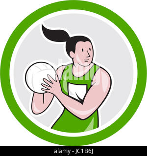 Illustration of a netball player catching rebounding ball set inside circle on isolated white background done in cartoon style. Stock Photo