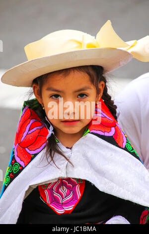 Portrait of a local girl performing during Festival of the Virgin de la Candelaria in Lima, Peru. The core of the festival is dancing and music perfor Stock Photo