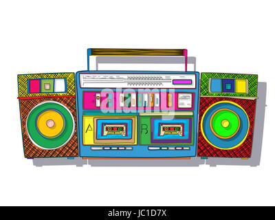 Vintage stereo double tape cassette player, pop art boombox. Stock Photo