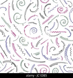Hand drawn abstract pattern in memphis style. Vector colorful seamless background for wallpaper, wrapping, textile design, surface texture, fabric. Stock Vector