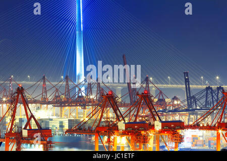 Port warehouse with containers and industrial cargoes at night Stock Photo