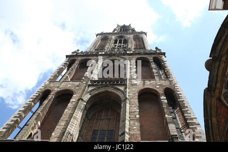 Upper part of the iconic medieval Dom tower (Domtoren) in Utrecht, The Netherlands Stock Photo