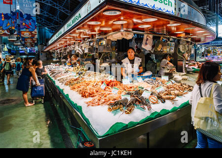 BARCELONA, SPAIN - AUGUST 05, 2016: Fresh Fish And Seafood For Sale In Barcelona Market (Mercat de Sant Josep de la Boqueria), a large public market w Stock Photo