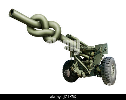 Photo-illustration of an old artillery gun with the barrel tied in a knot. Stock Photo