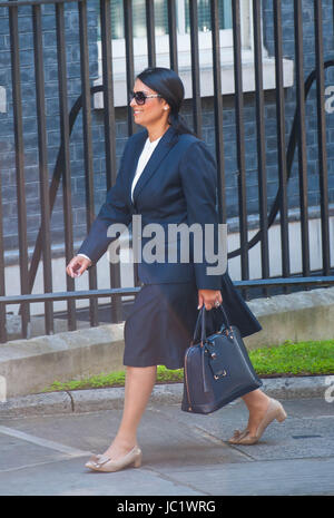 London, UK. 13th June, 2017. Secretary of State for International Development Priti Patel arrives at Downing Street. Prime Minister will hosts leader of the DUP for talks, as May seeks to negotiate a deal for Unionist support for a Conservative minority government. Theresa May announced following last week's General Election that she would be seeking to form a government alongside the DUP after the Conservative Party failed to secure an overall majority in the House of Commons. Credit: Michael Tubi/Alamy Live News Stock Photo